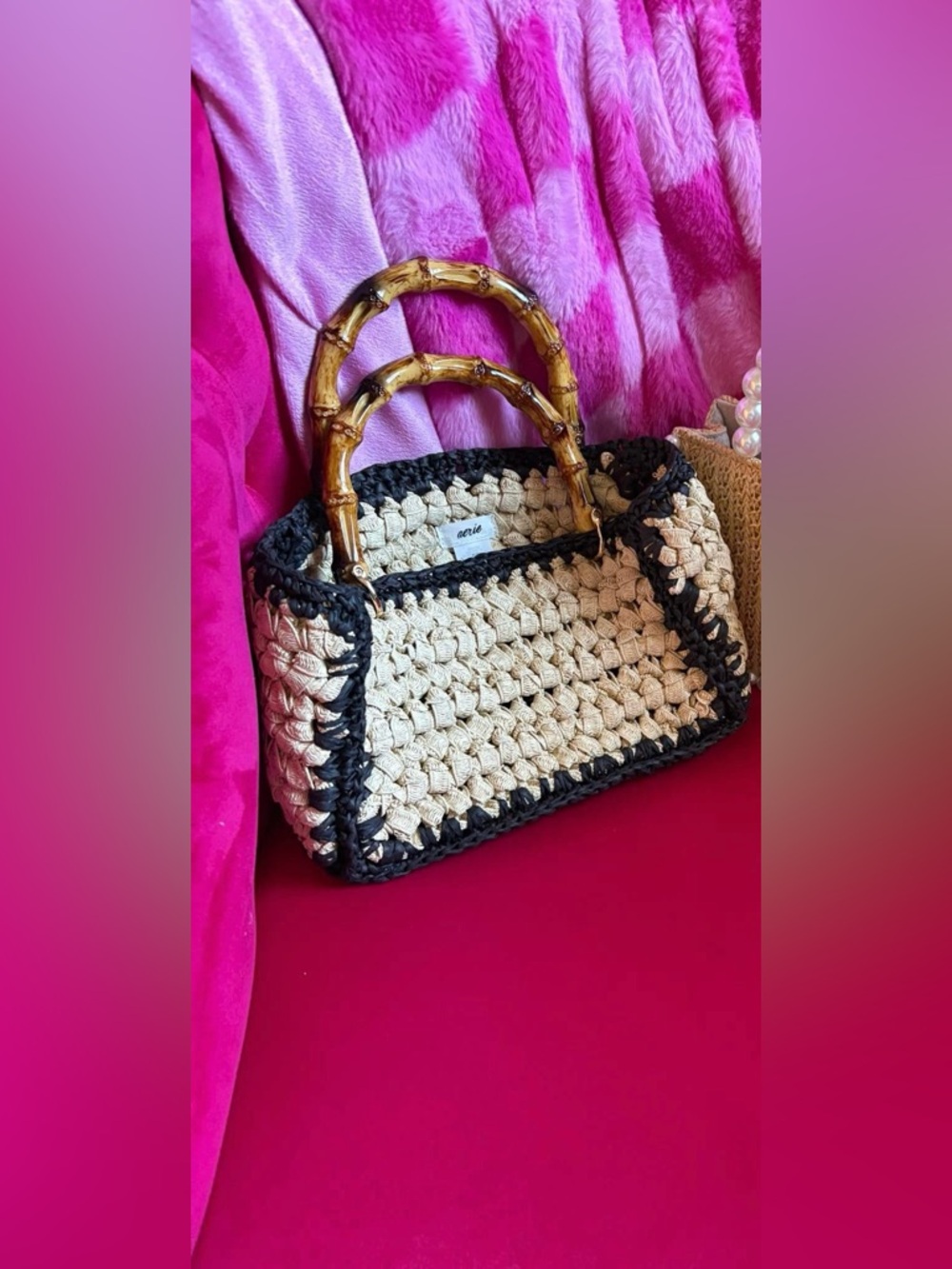Aerie Straw Trim Crochet Mini Bag